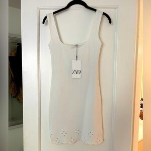 NWT Zara white knit mini dress with embroidered floral hem details